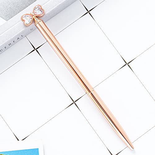 Hyuyikuwol Crystal Diamond Ballpoint Pens Bow Tie Rhinestone Black Ink Metal Sign Pen for School Office Supplies-6PCS, Electroplated Rose Gold