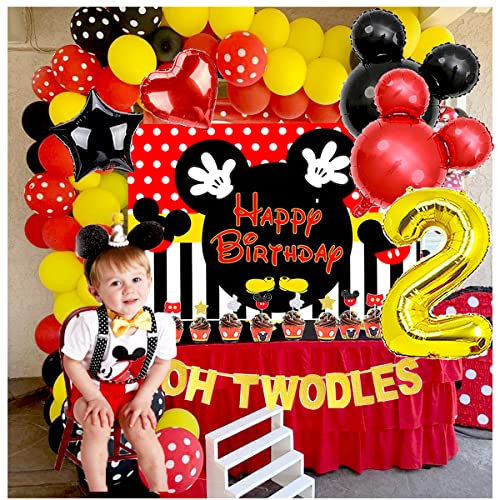 Dilyreke Red 2nd Birthday Mouse Themed Party Decorations for Boy Oh Twodles Birthday Party Supplies Banner and Balloon Set