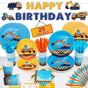 construction birthday party supplies set | baby boy toddler kids dump truck car tractor transportation decorations – cups plates signs napkins tablecloth utensils – decorations for boys and girls – serves 25