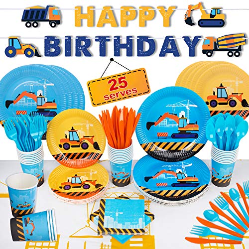 Construction Birthday Party Supplies Set | Baby Boy Toddler Kids Dump Truck Car Tractor Transportation Decorations – Cups Plates Signs Napkins Tablecloth Utensils – Decorations for Boys and Girls – Serves 25