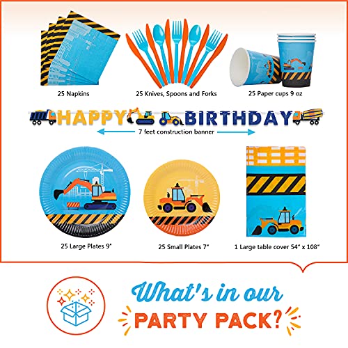 Construction Birthday Party Supplies Set | Baby Boy Toddler Kids Dump Truck Car Tractor Transportation Decorations – Cups Plates Signs Napkins Tablecloth Utensils – Decorations for Boys and Girls – Serves 25