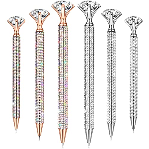 6 Pcs Big Diamond Pens with Crystal Bling Rhinestone Pen Metal Diamond Ballpoint Pens Glitter Wedding Bridal Shower Favors Diamond Black Ink Pens for Birthday Gift Supplies (Silver, Rose Gold)