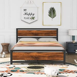 heavy duty metal queen size bed frame with vintage headboard and footboard, queen size platform bed frames with under-bed storage, no box spring needed, mattress foundation, industrial style (black)