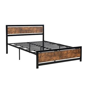 Metal and Wood Bed Frame with Headboard Footboard Black Modern Contemporary