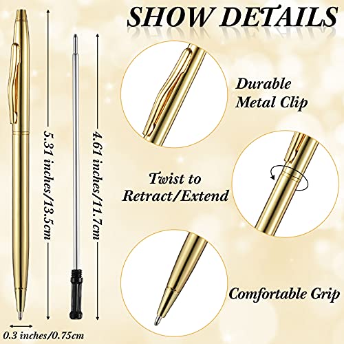 Outus 12 Pieces Gold Metallic Pens Slim Metallic Ballpoint Pens Retractable Ballpoint Pen with Black Ink Metal Pens Mini Conical Ballpoint Pens for Business Students Teachers Wedding, 1.0 mm