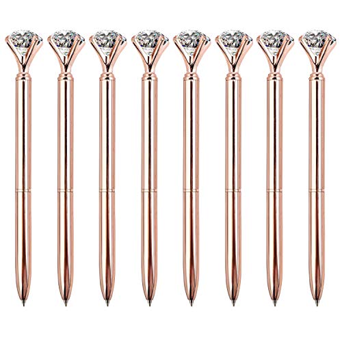 ZZTX 8 PCS Rose Gold Big Crystal Diamond Ballpoint Pen Bling Metal Ballpoint Pen Office Supplies Gift Pens For Christmas Wedding Birthday, Includes 8 Pen Refills