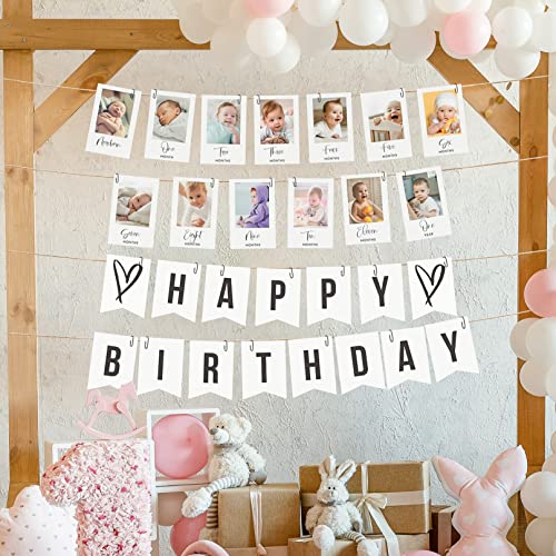 Beautiful 1st Birthday Photo Banner From Newborn to 12 Months - The Perfect Party Decoration for Your Baby Girls or Boys First Birthday - 13 Reversible Milestone Cards From Newborn to 13 Years