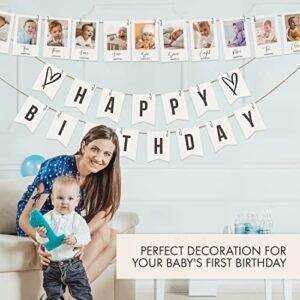 Beautiful 1st Birthday Photo Banner From Newborn to 12 Months - The Perfect Party Decoration for Your Baby Girls or Boys First Birthday - 13 Reversible Milestone Cards From Newborn to 13 Years