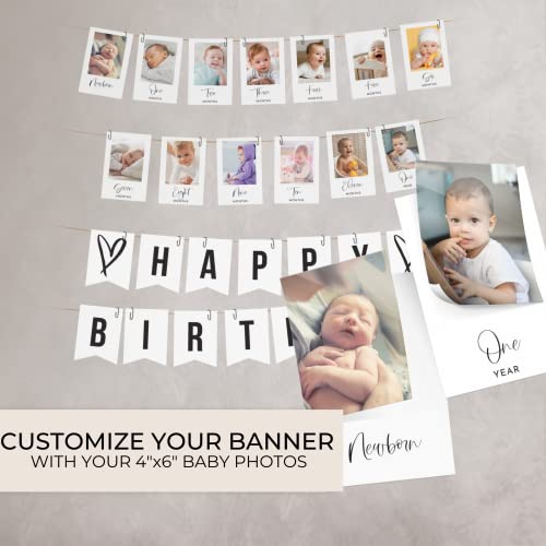 Beautiful 1st Birthday Photo Banner From Newborn to 12 Months - The Perfect Party Decoration for Your Baby Girls or Boys First Birthday - 13 Reversible Milestone Cards From Newborn to 13 Years