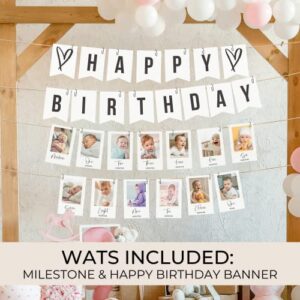 Beautiful 1st Birthday Photo Banner From Newborn to 12 Months - The Perfect Party Decoration for Your Baby Girls or Boys First Birthday - 13 Reversible Milestone Cards From Newborn to 13 Years