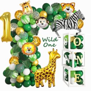 amandir wild one birthday decorations balloon boxes, animal print green gold balloon garland arch kit number1 artificial leaves for safari jungle theme first 1st birthday party supplies kids boy girl