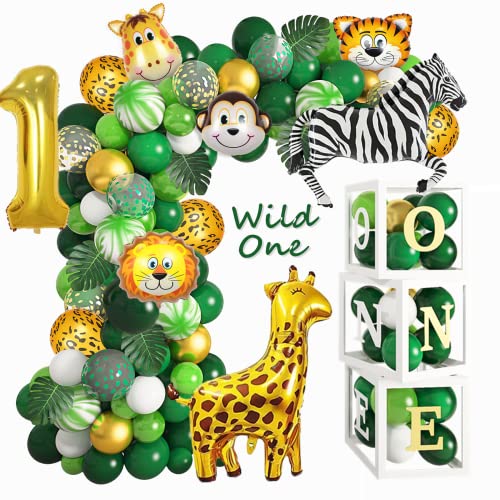 Amandir Wild One Birthday Decorations Balloon Boxes, Animal Print Green Gold Balloon Garland Arch Kit Number1 Artificial Leaves for Safari Jungle Theme First 1st Birthday Party Supplies Kids Boy Girl