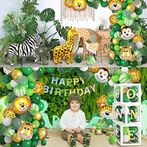 Amandir Wild One Birthday Decorations Balloon Boxes, Animal Print Green Gold Balloon Garland Arch Kit Number1 Artificial Leaves for Safari Jungle Theme First 1st Birthday Party Supplies Kids Boy Girl