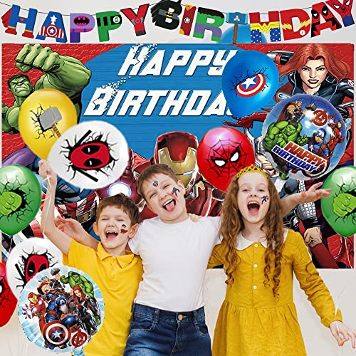 150 PCS Superhero Blue Theme Birthday Party Supplies For Boys And Girls Decoration With Plant Balloon,Tableware,Paper Cup,Tablecloth, Backdrop Super Movie Theme Party