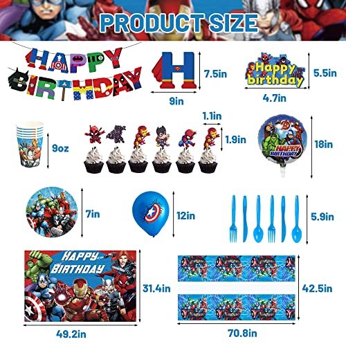 150 PCS Superhero Blue Theme Birthday Party Supplies For Boys And Girls Decoration With Plant Balloon,Tableware,Paper Cup,Tablecloth, Backdrop Super Movie Theme Party