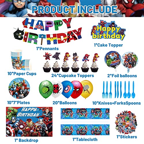 150 PCS Superhero Blue Theme Birthday Party Supplies For Boys And Girls Decoration With Plant Balloon,Tableware,Paper Cup,Tablecloth, Backdrop Super Movie Theme Party