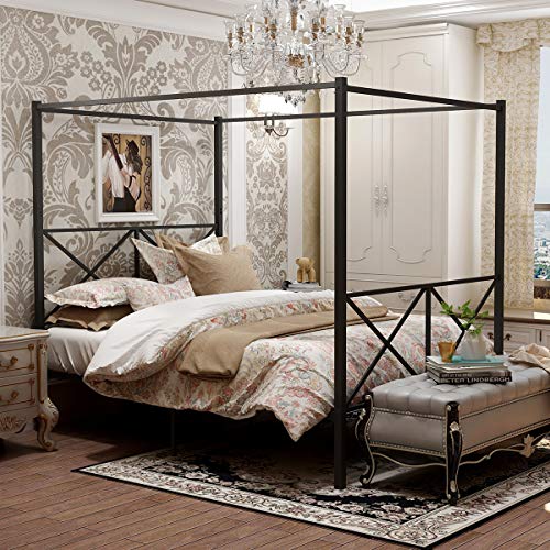 KARHIBLY Metal Framed Canopy Poster Platform Bed Frame with Headboard and Footboard, Sturdy Steel Platform Bed with X Shaped, No Box Spring Needed, Full Black