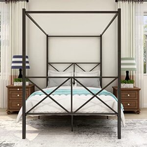 KARHIBLY Metal Framed Canopy Poster Platform Bed Frame with Headboard and Footboard, Sturdy Steel Platform Bed with X Shaped, No Box Spring Needed, Full Black