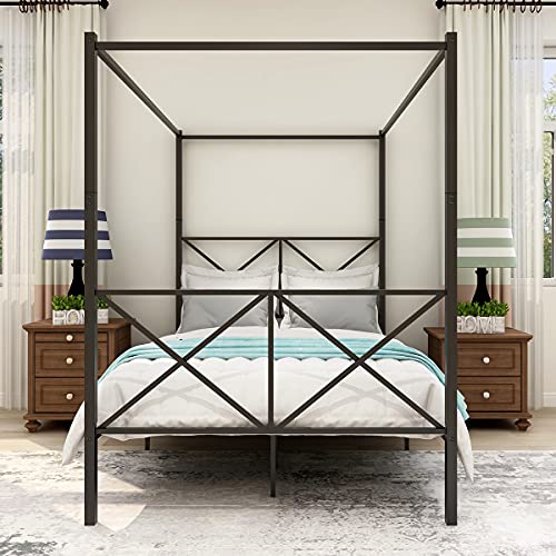 KARHIBLY Metal Framed Canopy Poster Platform Bed Frame with Headboard and Footboard, Sturdy Steel Platform Bed with X Shaped, No Box Spring Needed, Full Black