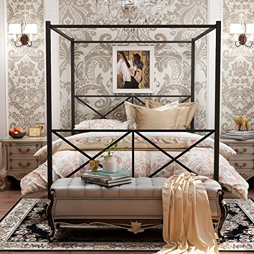 KARHIBLY Metal Framed Canopy Poster Platform Bed Frame with Headboard and Footboard, Sturdy Steel Platform Bed with X Shaped, No Box Spring Needed, Full Black