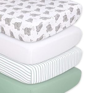 the peanutshell elephant fitted crib sheet set - 4 pack - grey, white & green