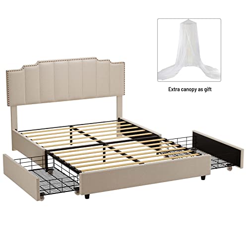 Queen Size Upholstered Platform Bed Frame with 2 Storage Drawers & Adjustable Rivets Headboard, Linen Bed Frame with Extra Dome Bed Canopy for Boys Girls Teens Adults, No Box Spring Needed (Beige)