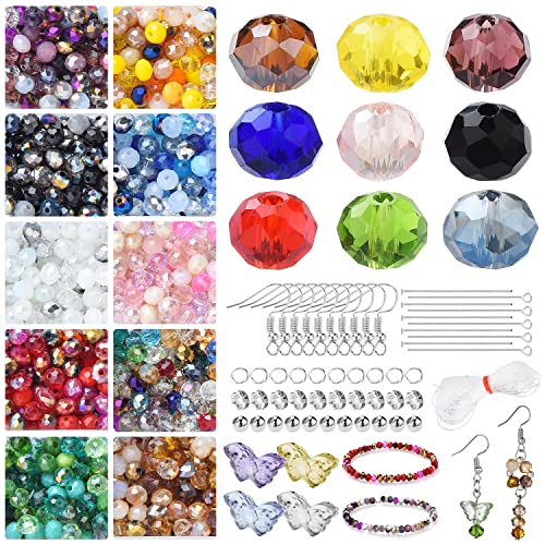 KINGSHINE Mixed Crystal Glass Beads for Jewelry Making Kit,6mm 1000pcs Round Rondelle Beads with Metal Jewelry Findings Crafts,Loose Spacer Beads for Bracelets,Necklaces,Earrings