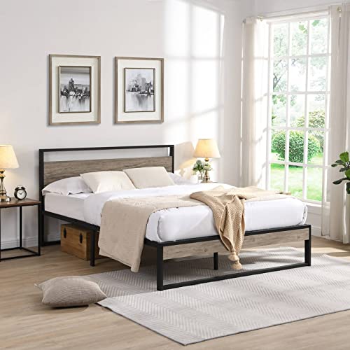 Epinki Metal Bed with Headboard, Black, Platform Bed Frame, Easy Assembly