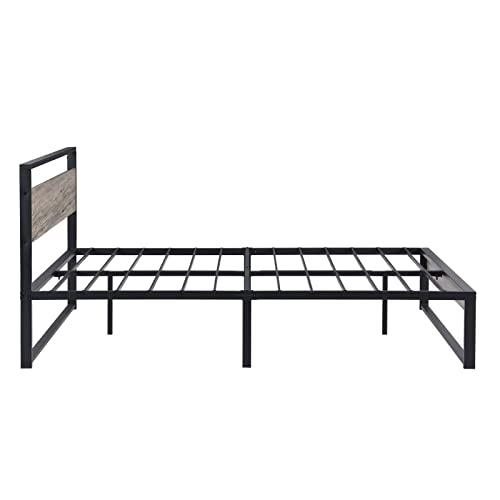 Epinki Metal Bed with Headboard, Black, Platform Bed Frame, Easy Assembly