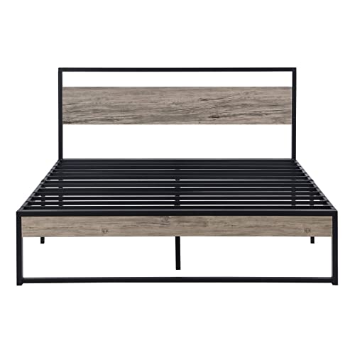 Epinki Metal Bed with Headboard, Black, Platform Bed Frame, Easy Assembly