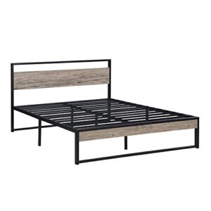 Epinki Metal Bed with Headboard, Black, Platform Bed Frame, Easy Assembly