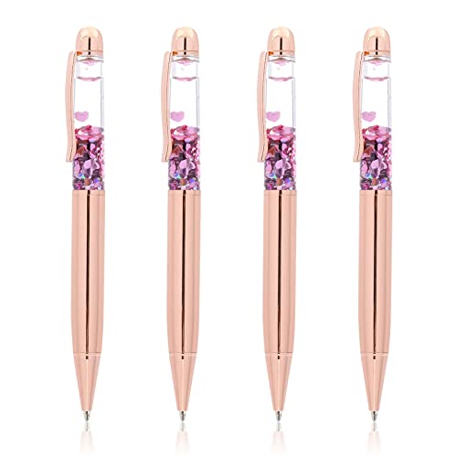 PAFUWEI 4 Pack Rose Gold Retractable Ballpoint Pen Metal Ball Pens Bling Dynamic Liquid Sand Pens Chunky Pens for Office School Supplies, Medium Point, Black Ink