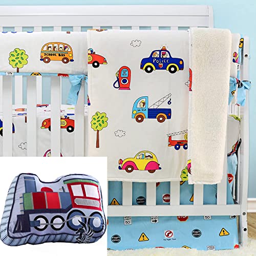 Brandream 4Pcs Cars Crib Bedding Sets for Boys with Train Shaped Pillow, 100% Cotton Blue Transport Vehicle Collection