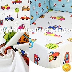 Brandream 4Pcs Cars Crib Bedding Sets for Boys with Train Shaped Pillow, 100% Cotton Blue Transport Vehicle Collection