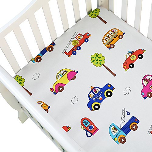 Brandream 4Pcs Cars Crib Bedding Sets for Boys with Train Shaped Pillow, 100% Cotton Blue Transport Vehicle Collection