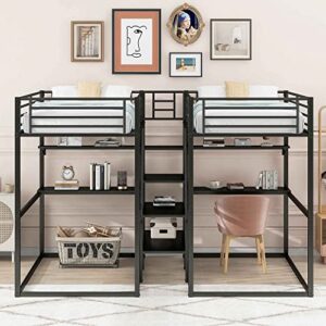 ATY Twin Over Twin Bunk Bed with 2 Desks and Shelves, 4-in-1 Metal Bedframe w/ 3 Storage Staircase & Safety Guardrail, Maximum Space Design, for Kids Bedroom, Dorm, Guestroom, Black