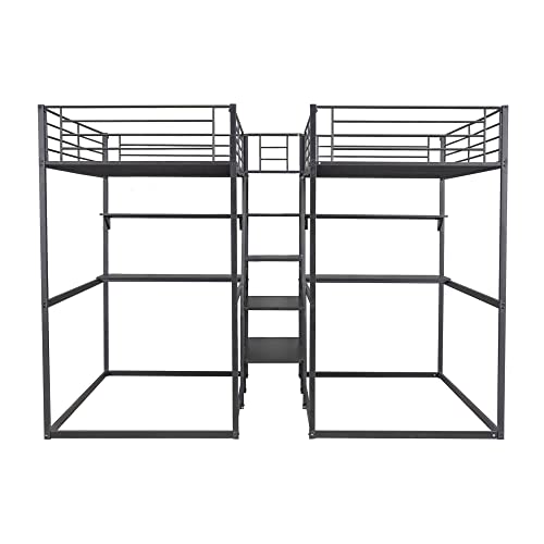 ATY Twin Over Twin Bunk Bed with 2 Desks and Shelves, 4-in-1 Metal Bedframe w/ 3 Storage Staircase & Safety Guardrail, Maximum Space Design, for Kids Bedroom, Dorm, Guestroom, Black