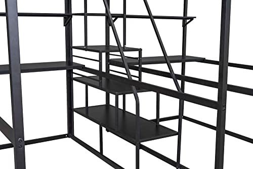 ATY Twin Over Twin Bunk Bed with 2 Desks and Shelves, 4-in-1 Metal Bedframe w/ 3 Storage Staircase & Safety Guardrail, Maximum Space Design, for Kids Bedroom, Dorm, Guestroom, Black