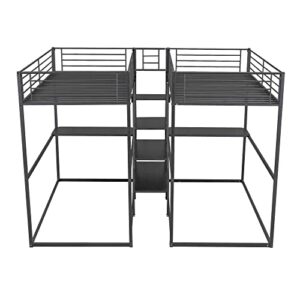 ATY Twin Over Twin Bunk Bed with 2 Desks and Shelves, 4-in-1 Metal Bedframe w/ 3 Storage Staircase & Safety Guardrail, Maximum Space Design, for Kids Bedroom, Dorm, Guestroom, Black