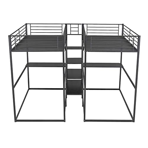 ATY Twin Over Twin Bunk Bed with 2 Desks and Shelves, 4-in-1 Metal Bedframe w/ 3 Storage Staircase & Safety Guardrail, Maximum Space Design, for Kids Bedroom, Dorm, Guestroom, Black