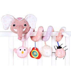 jingbell baby car seat & stroller toys, infant crib activity spiral plush hanging education toys for baby with music, rattles and bb squeaker(pink elephant)