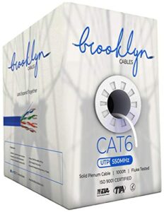 brooklyn cables 100% solid copper |cat6 plenum (cmp) 1000ft |fluke-certified |550mhz, 23awg 4pair, unshielded twisted pair (utp), bulk ethernet cable (white)