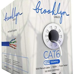 Brooklyn Cables 100% Solid Copper |Cat6 Plenum (CMP) 1000ft |Fluke-Certified |550MHz, 23AWG 4Pair, Unshielded Twisted Pair (UTP), Bulk Ethernet Cable (White)