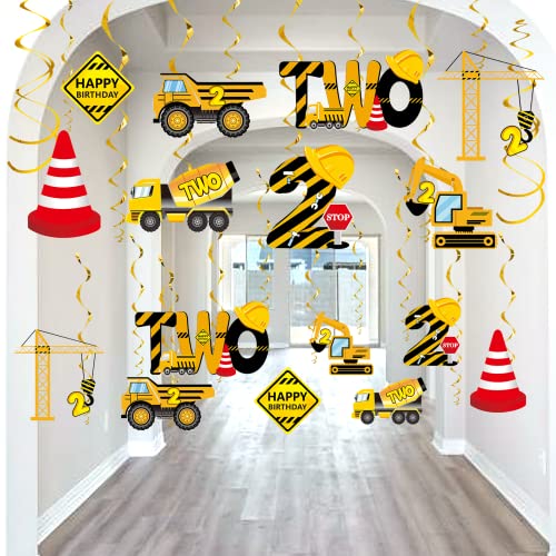 Luxiocio 30Pcs Construction Birthday Hanging Swirls Decorations Party Supplies, Dump Truck 2nd Theme Decor for Boys, Caution Signs Excavator Bulldozers Ceiling