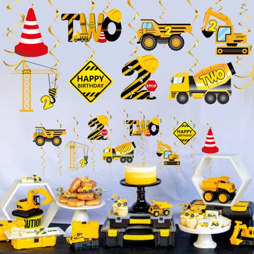 Luxiocio 30Pcs Construction Birthday Hanging Swirls Decorations Party Supplies, Dump Truck 2nd Theme Decor for Boys, Caution Signs Excavator Bulldozers Ceiling