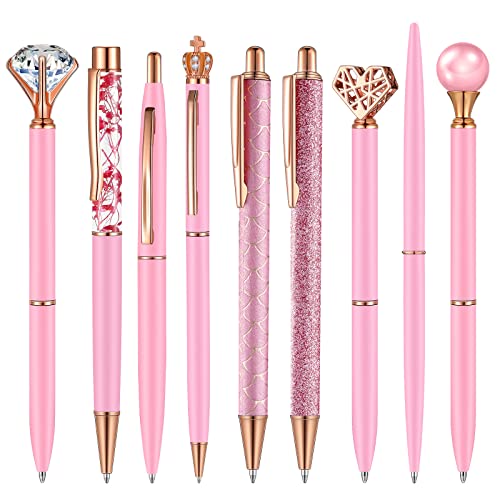 9 Pcs Ballpoint Pens Set Metal Crystal Diamond Pen Liquid Sand Glitter Pen for Journaling Black Ink Pretty Cute Pens Fancy Pens Gifts for Women Girls School Wedding Office Desk Supplies (Pink)