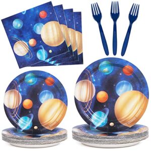 decorlife space themed party supplies serves 24, space party plates, napkins, forks for boys birthday, outer space/planet/solar system parties, 96 pcs
