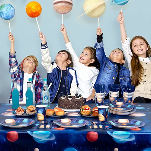 DECORLIFE Space Themed Party Supplies Serves 24, Space Party Plates, Napkins, Forks for Boys Birthday, Outer Space/Planet/Solar System Parties, 96 PCS