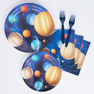 DECORLIFE Space Themed Party Supplies Serves 24, Space Party Plates, Napkins, Forks for Boys Birthday, Outer Space/Planet/Solar System Parties, 96 PCS