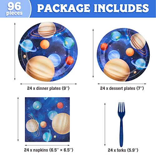 DECORLIFE Space Themed Party Supplies Serves 24, Space Party Plates, Napkins, Forks for Boys Birthday, Outer Space/Planet/Solar System Parties, 96 PCS